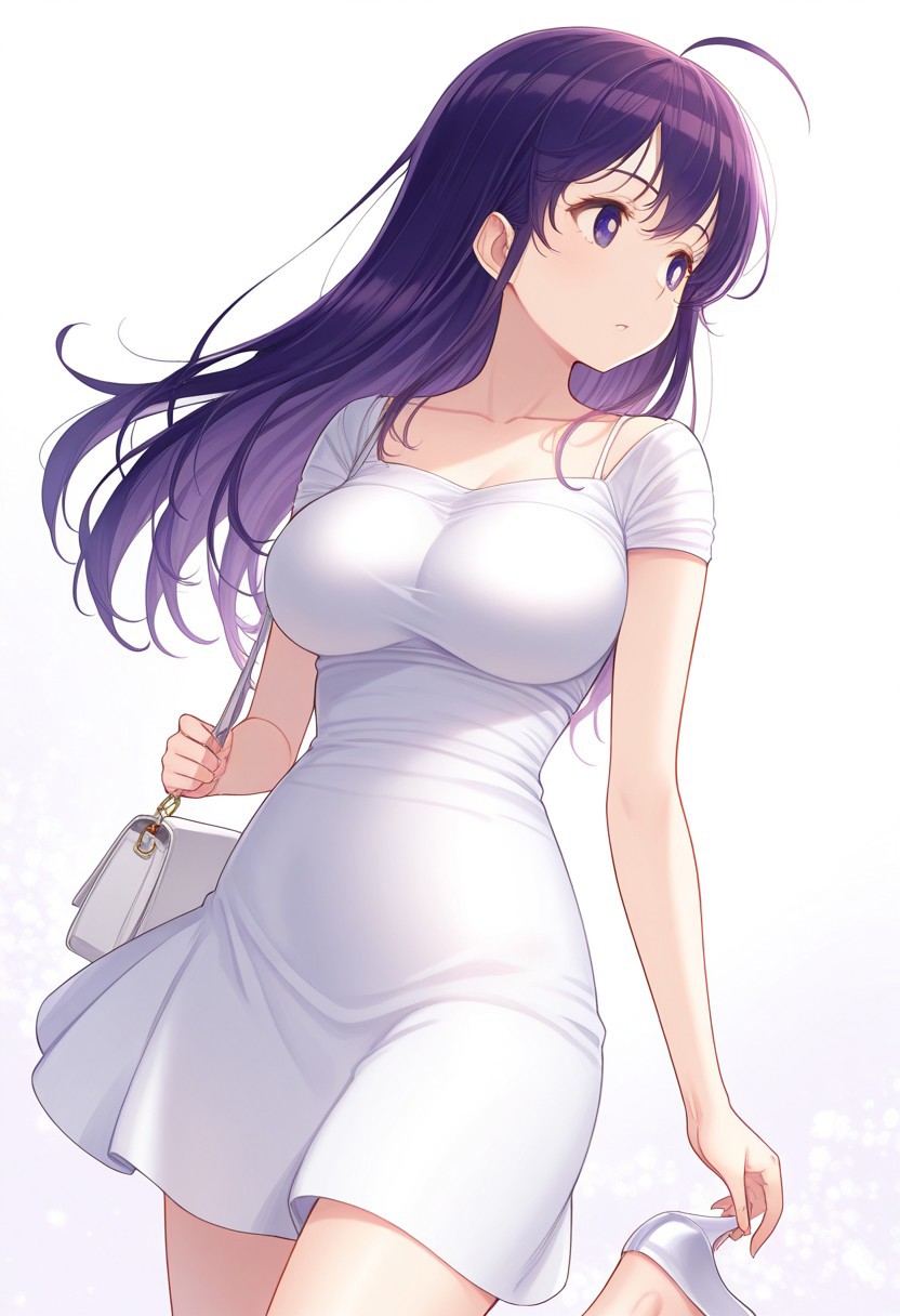 incredibly absurdres,masterpiece,absurdres,high quality,volumetric light,(very aesthetic),dutch angle,cowboy shot,1girl,solo,yuri,large breasts,purple eyes,long hair,purple hair,ahoge,white dress,dress,white high heels,high heels,handbag,collarbone,