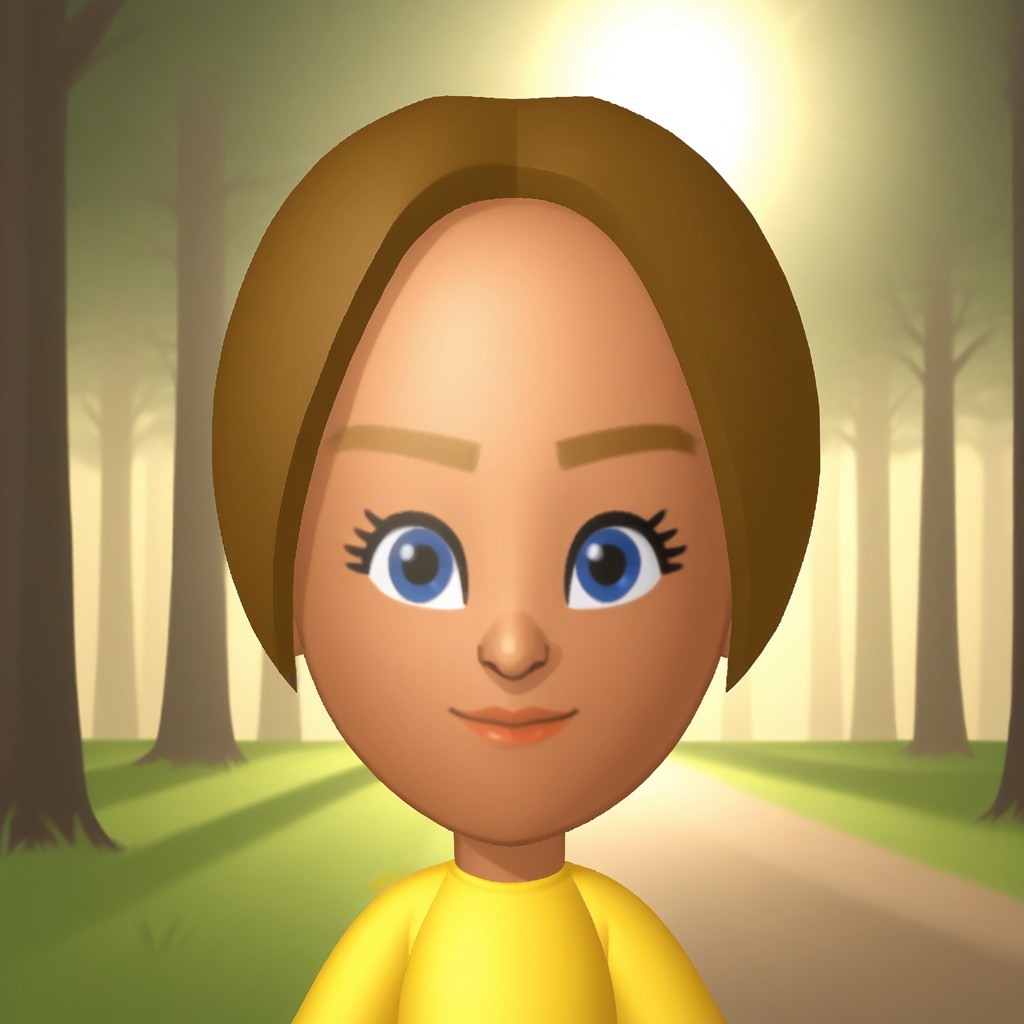 score_9, score_8, BREAK, solo, mii, wii, wii sports, 1girl, female mii, cute, dark blonde hair, ponytail, blue eyes, lips, dark skin, yellow clothing, white pants, flip flops, breasts, Mia_(Wii_Sports), Nintendo Mii, modern_mii, classic_mii, dark blonde eyebrows, sexy pose, smile, outdoors, sunlight, shadows, evening lighting, natural lighting, forest, trees, grass, orange sky, sunset