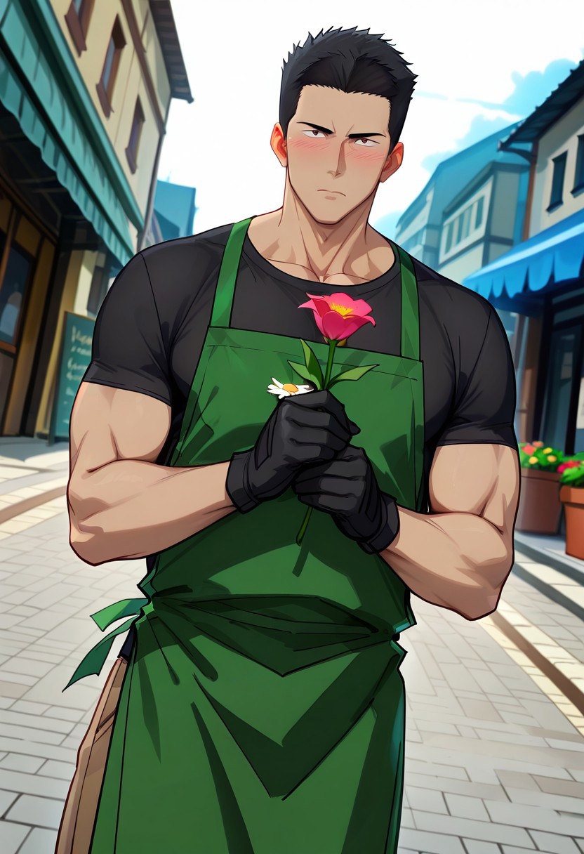 safe_pos, score_9, score_8_up, score_7_up, score_6_up, perfect anatomy, perfect proportions, best quality, masterpiece, high_resolution, high quality, best aesthetic, incredibly absurdres, highres, extremely detailed, huge filesize, solo male, adult, mature, masculine, manly, handsome, charming, alluring, seductive, heroic, serious, grim, stern, unsociability, bluntness, gruffness, upper body, dutch angle, cowboy shot, perfect face, perfect eyes, source_anime, anime coloring, BBBIsami, Isami Ao, brown eyes, sanpaku, BBBIsami_hairstyle01, black hair, short hair, neat hair, bare forehead, BBBIsami_outfit11, flower shopkeeper, black t-shirt, short sleeves, green apron, full apron, long apron, brown pants, black gloves, cinematic still, emotional, harmonious, vignette, bokeh, cinemascope, moody, epic, gorgeous, slight blush, holding flower, look at viewer, day, outdoor, street,  flower shop