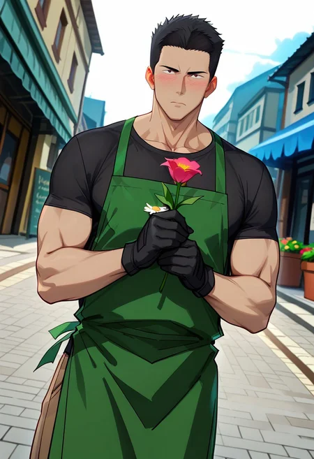 safe_pos, score_9, score_8_up, score_7_up, score_6_up, perfect anatomy, perfect proportions, best quality, masterpiece, high_resolution, high quality, best aesthetic, incredibly absurdres, highres, extremely detailed, huge filesize, solo male, adult, mature, masculine, manly, handsome, charming, alluring, seductive, heroic, serious, grim, stern, unsociability, bluntness, gruffness, upper body, dutch angle, cowboy shot, perfect face, perfect eyes, source_anime, anime coloring, BBBIsami, Isami Ao, brown eyes, sanpaku, BBBIsami_hairstyle01, black hair, short hair, neat hair, bare forehead, BBBIsami_outfit11, flower shopkeeper, black t-shirt, short sleeves, green apron, full apron, long apron, brown pants, black gloves, cinematic still, emotional, harmonious, vignette, bokeh, cinemascope, moody, epic, gorgeous, slight blush, holding flower, look at viewer, day, outdoor, street, flower shop