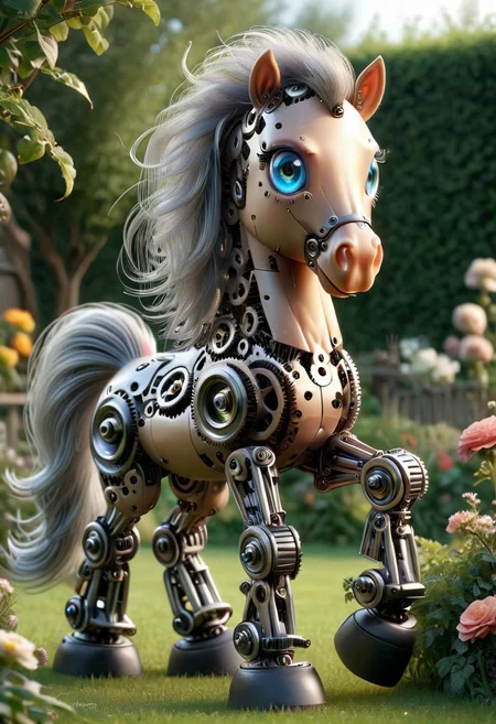 g3ars, (full shot) of a cute pony is made out of gears, long eye lashes, detailed eyes, set in a garden, ,Masterpiece, best quality, raw photo, realistic, very aesthetic <lora:Gears_World_Morph:1>