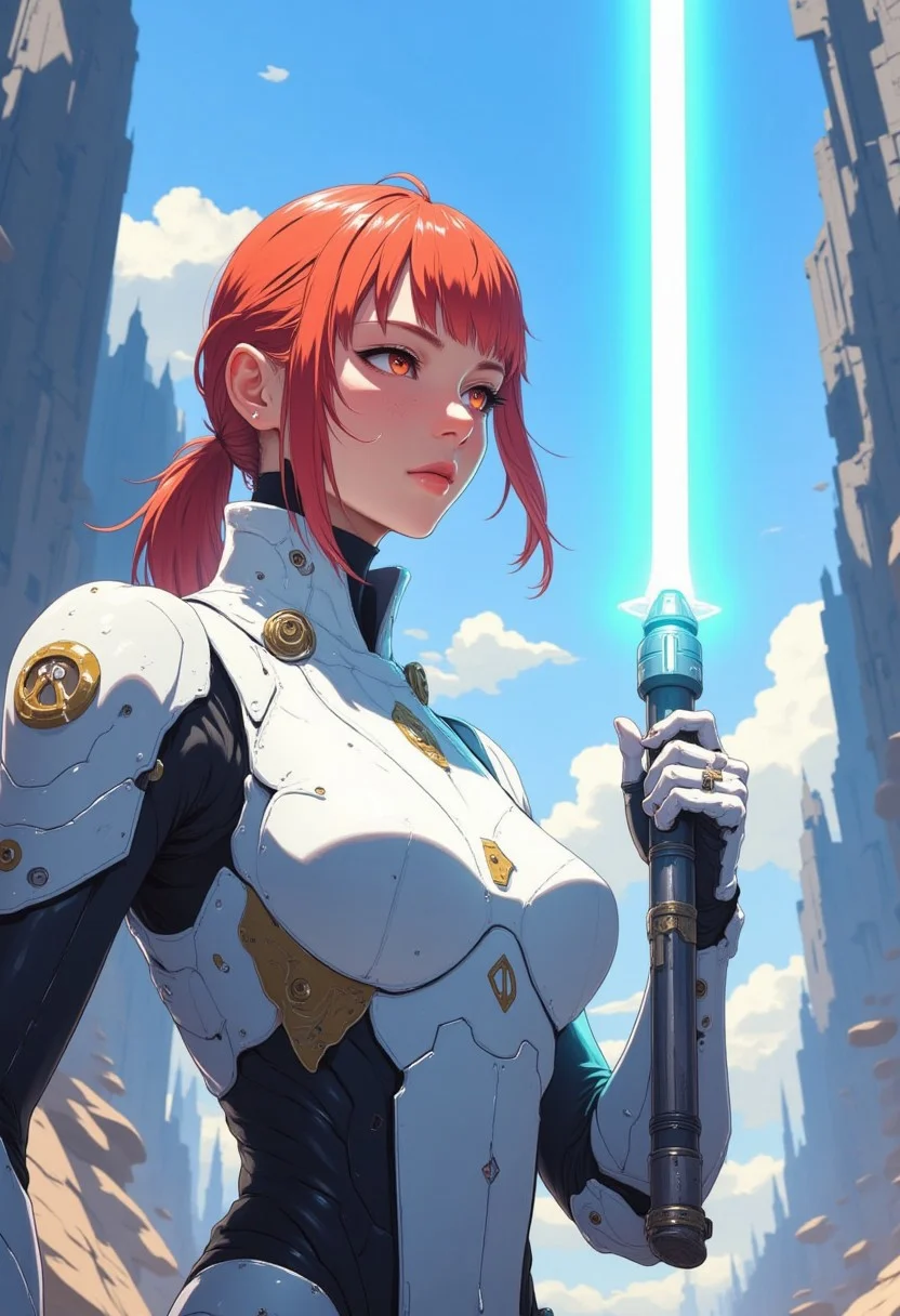 Senya Tirall stands with commanding presence before the towering spires of an alien city, her fiery red hair tied back into a sleek ponytail, soft bangs framing the sharp, resolute features of her face. Two oval metal decorations, each positioned symmetrically above her eyebrows, gleam with subtle brilliance, adding an air of elegance and authority to her appearance. These adornments, emblematic of her Zakuul heritage, reflect the ambient light as she gazes forward with focused intensity.
The soft, radiant glow of her blue dual-sided lightsaber shines upward, illuminating her flawless features—her strong jawline, high cheekbones, and piercing eyes, while casting a serene yet determined expression on her face. The saber hums steadily in her raised hand, its light shimmering off the polished surface of her pristine white Zakuul Knight armor. The armor, sleek and sophisticated, hugs her athletic frame, its angular design enhanced by elegant accents of gold and silver that catch the light, reflecting both beauty and deadly precision.
Senya’s posture is poised and unwavering, every muscle taut with readiness. The glow from her lightsaber mirrors the calm yet powerful aura she exudes, a perfect fusion of grace, power, and unshakable resolve.
anime_martz, anime_source, DB4RZ, DB4RZ style painting, anime, cyberpunk
