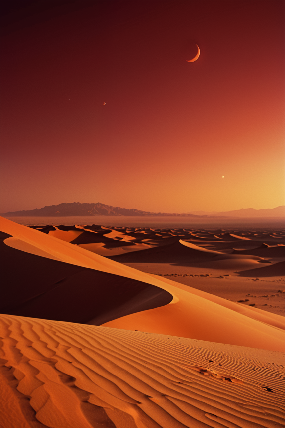desert landscape on arrakis, by frank herbert, 2moon in the cloudless sky, red and orange atmosphere, high contrast, film grain, vertical composition, golden ratio