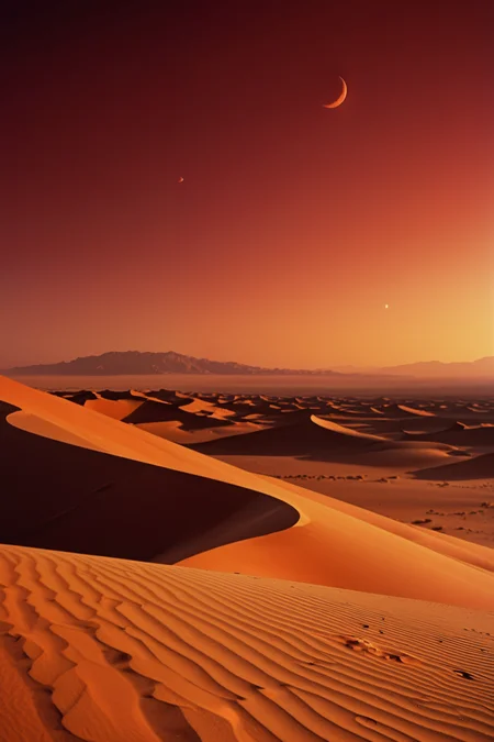 desert landscape on arrakis, by frank herbert, 2moon in the cloudless sky, red and orange atmosphere, high contrast, film grain, vertical composition, golden ratio