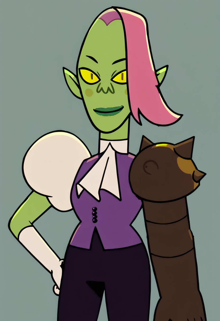 <lora:ZaganPony1.0:0.85> zagan, shoulder armor, pink hair, green skin, 1girl, pointy ears, solo, gauntlet, purple vest, white ascot, yellow eyes, undercut, boots, standing, purple pants, score_9, score_8_up, score_7_up, score_6_up, score_5_up, score_4_up,( looking at viewer:1.1),  cowboy shot,simple background, smile,
