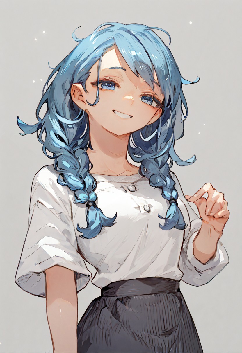 score_9, score_8, score_7, 1girl, solo, long hair, blue eyes, blue hair, twin braids, white shirt, black skirt, smile,