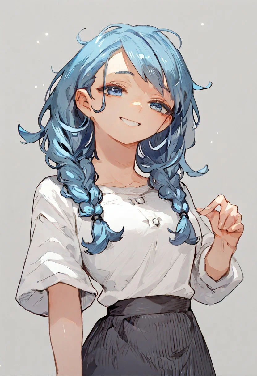 score_9, score_8, score_7, 1girl, solo, long hair, blue eyes, blue hair, twin braids, white shirt, black skirt, smile,