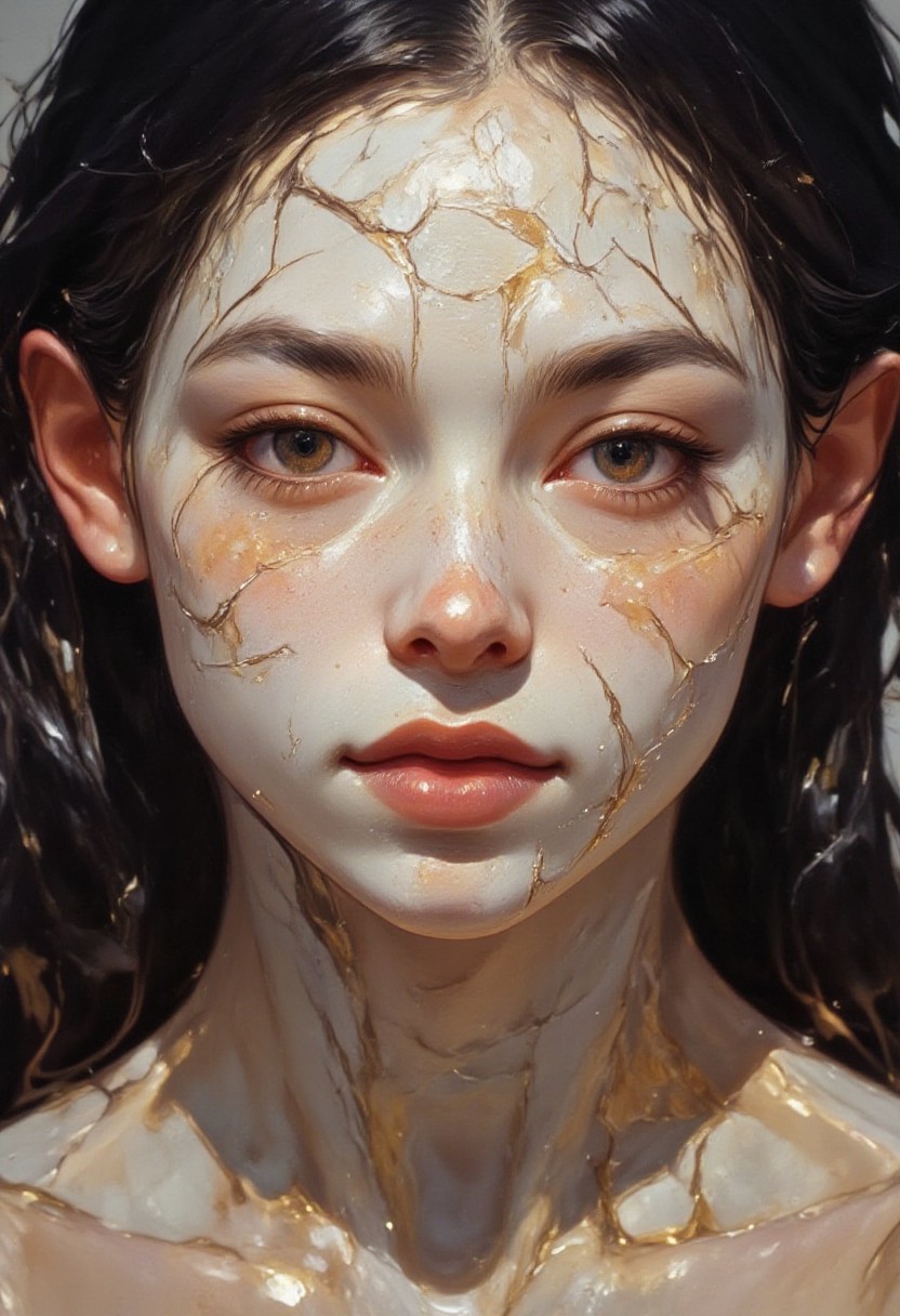 This is a highly detailed, photorealistic digital artwork featuring a young woman with an ethereal, almost surreal aesthetic. The subject has fair skin with a delicate, porcelain-like texture, adorned with intricate, jagged gold and white cracks that resemble a fractured, ancient surface. Her face is painted with a striking, almost otherworldly appearance, with a serene, slightly melancholic expression.