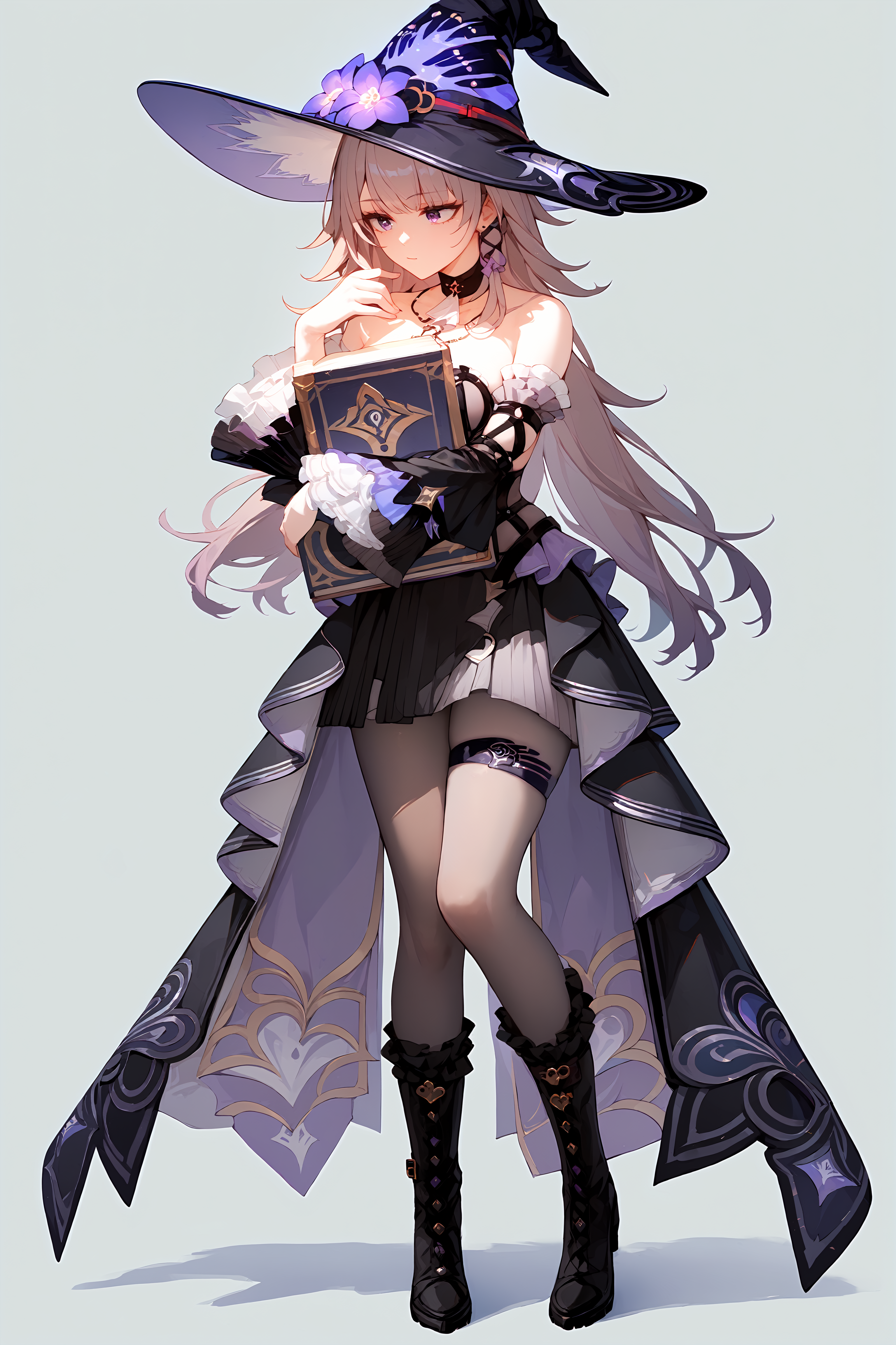(score_9, score_8_up, score_7_up), 1girl, solo, the herta, witch hat, black choker, necklace, detached sleeves, thigh strap, black pantyhose, frilled boots, standing, open book, arm hug, thinking, simple background, <lora:herta-hsrPO-v2ar:0.9>