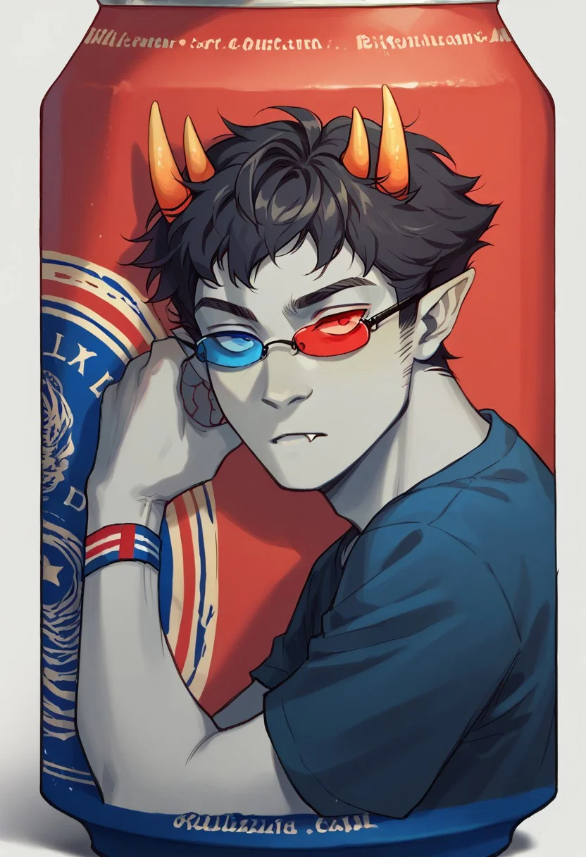 score_9,score_8_up,score_7_up, beerlabel, red and blue can, red and blue theme, Sollux captor, gray skin, 1boy, black hair, four horns, red and blue eyes, solo,