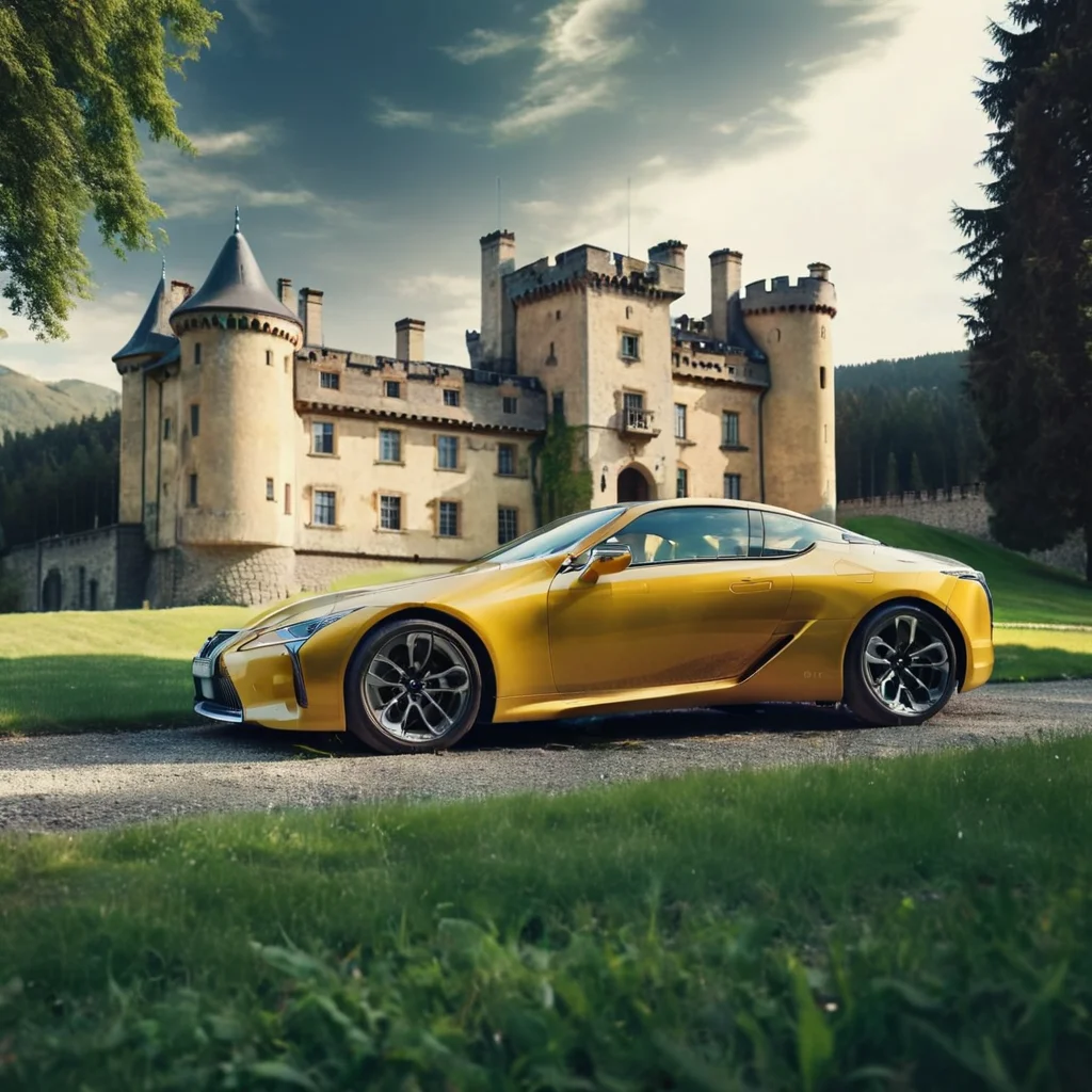 realistic photo of a yellow lexuslc car on green grass in front of an old castle, outside, cinematic, <lora:LexusLC_SDXL_v1:1>