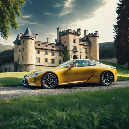 realistic photo of a yellow lexuslc car on green grass in front of an old castle, outside, cinematic, <lora:LexusLC_SDXL_v1:1>
