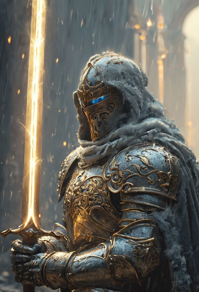 A stunning, highly detailed dark fantasy full body illustration of a proud angelical warrior wearing intricate medieval white HKStyle armor and a grim warrior face, holding a great golden glowing sword, golden and blue glooming eyes, very wide shoulders, wearing big gauntlets, epic composition. The warrior stands heroic with a flowing cloak and white hood during a storm with foggy gloom, thunderclouds in the background. The scene depicts him with brooding emotional agony. style by Greg Rutkowski, by Milo Manara and Russ Mills, with insanely intricate details and textures, gloomy dramatic lighting, 8K resolution