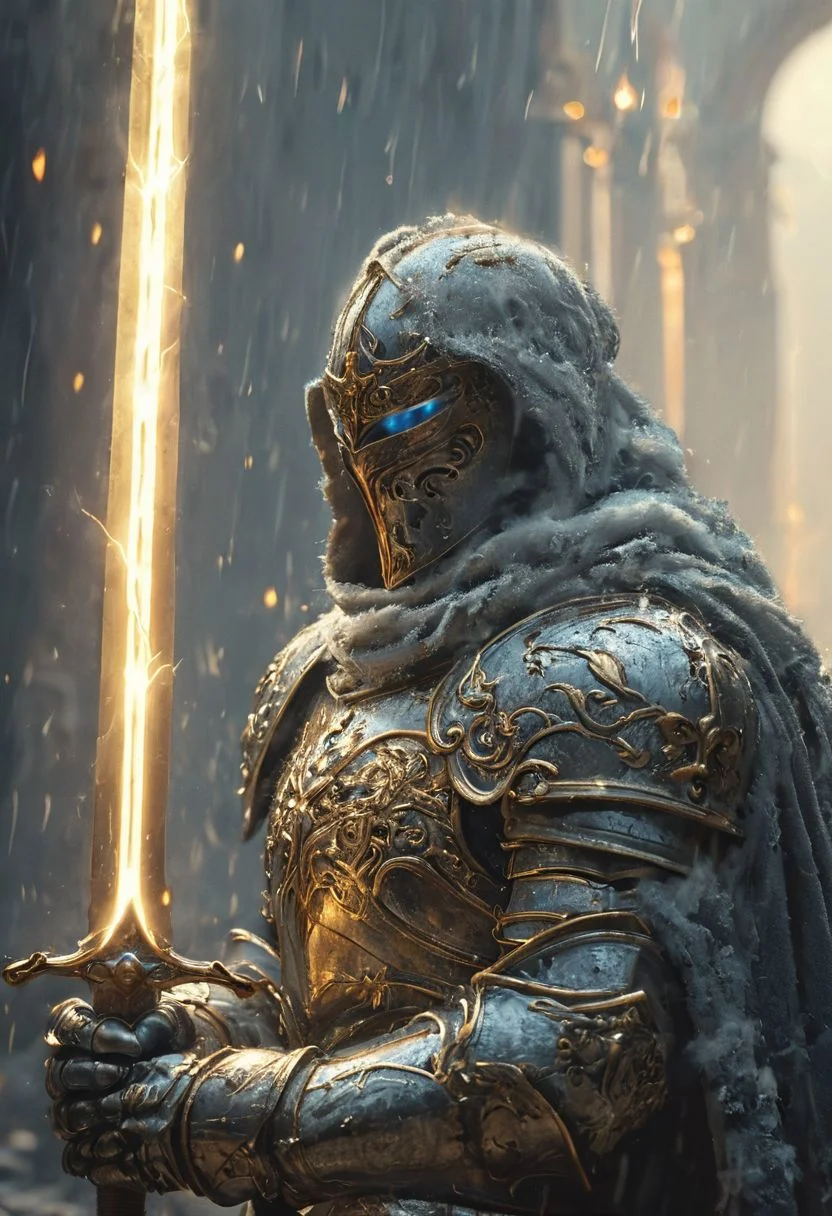 A stunning, highly detailed dark fantasy full body illustration of a proud angelical warrior wearing intricate medieval white HKStyle armor and a grim warrior face, holding a great golden glowing sword, golden and blue glooming eyes, very wide shoulders, wearing big gauntlets, epic composition. The warrior stands heroic with a flowing cloak and white hood during a storm with foggy gloom, thunderclouds in the background. The scene depicts him with brooding emotional agony. style by Greg Rutkowski, by Milo Manara and Russ Mills, with insanely intricate details and textures, gloomy dramatic lighting, 8K resolution