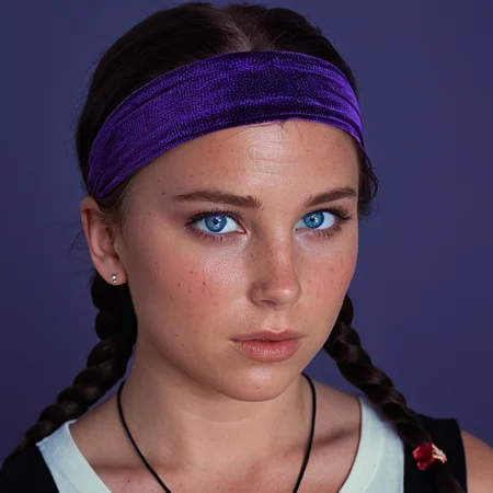 cinematic film still of <lora:Devon Lee:1> Devon Lee
<lora:eyetune:0.1>
<lora:perfection style:0.1>
<lora:detailed:0.1>
neutral facial expression of a woman with a black top and a purple headband, movie themed, sharp, detailed skin, epic cinematic photography, artistic, creative, wrinkly face, dramatic lighting style, cinematic color style, Kodak film style, skin pore, emotional style, gustier style, facial expression style, neutral facial style, 1girl, solo, looking at viewer, blue eyes, black hair, jewelry, earrings, portrait, realistic, simple background, 1boy, braid, male focus, blood, freckles, photorealistic, sad smile,
, shallow depth of field, vignette, highly detailed, high budget, bokeh, cinemascope, moody, epic, gorgeous, film grain, grainy