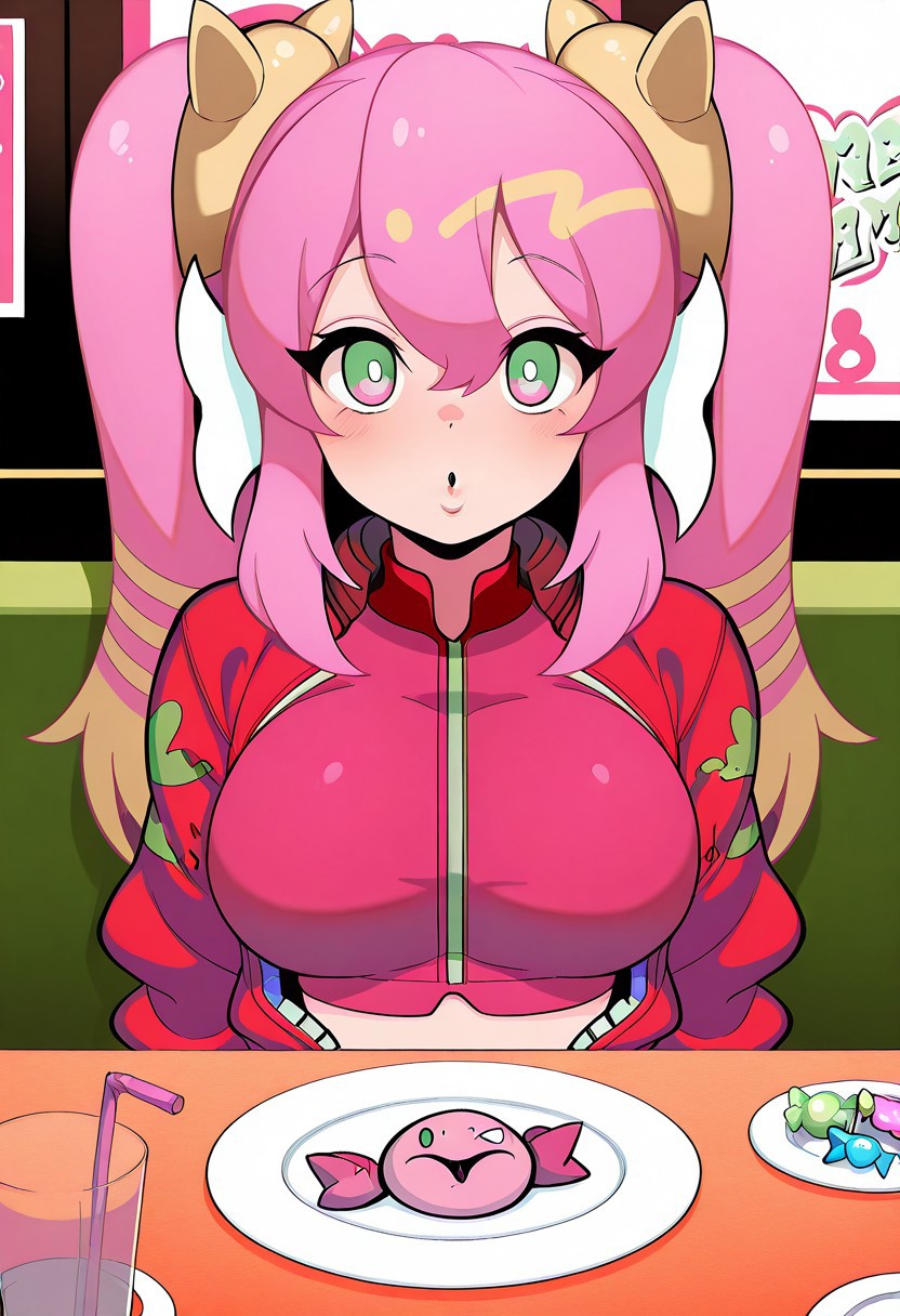 1girl, LiveTwinKi-sikilYu-Gi-Oh ((( blowing pink bubblegum  )), general, solo, pov dating, straight-on, long hair, pink hair, twintails, large breasts, spike, red jacket, open jacket, crop top, dating, sitting, looking at viewer,  restaurant, table, candy on plate, masterpiece, best quality, amazing quality,),<lora:kp_LiveTwinKi-sikilLil-laYu-Gi-OhIllustrious_v1_0:1.0>