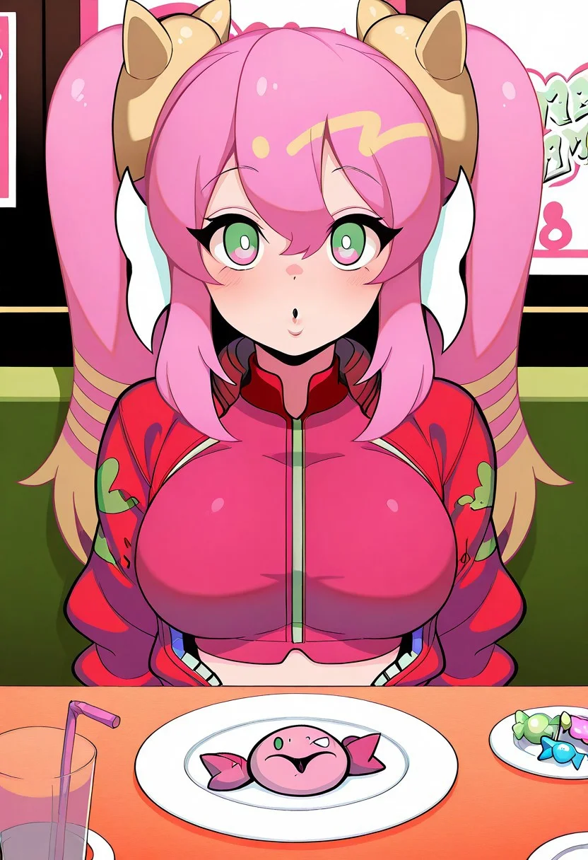 1girl, LiveTwinKi-sikilYu-Gi-Oh ((( blowing pink bubblegum )), general, solo, pov dating, straight-on, long hair, pink hair, twintails, large breasts, spike, red jacket, open jacket, crop top, dating, sitting, looking at viewer, restaurant, table, candy on plate, masterpiece, best quality, amazing quality,),<lora:kp_LiveTwinKi-sikilLil-laYu-Gi-OhIllustrious_v1_0:1.0>