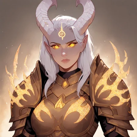 masterpiece, best quality, newest, absurdres, highres, FCOMV1.0, 1girl, DRA-V1.0-LF, lightforged draenei, draenei, glowing eyes, yellow eyes, glowing tattos, tattos, armor,