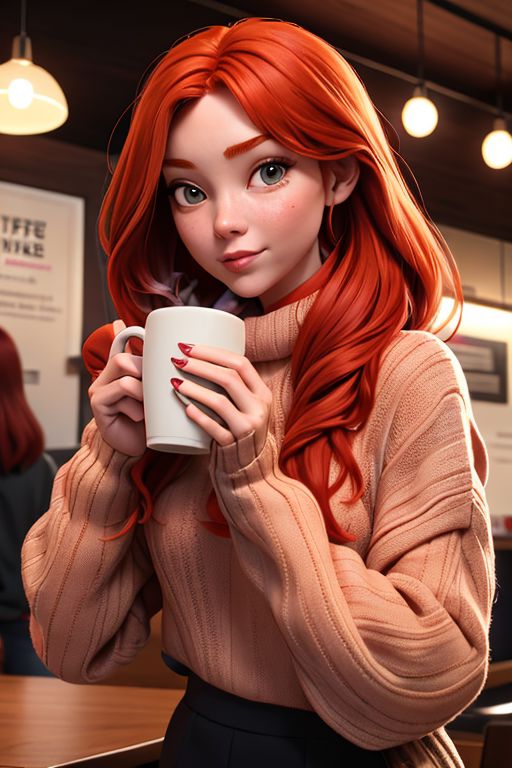 real photo, a very beautiful red-haired girl in a warm sweater drinks coffee