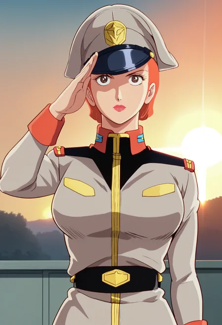 score_9, score_8_up, score_7_up, score_6_up, anime screencap, anime coloring, <lora:FGMatildaAdjan:0.9>, FGMatildaAdjan, 1girl, solo, brown eyes, short hair, hair slicked back, orange hair, lipstick, breasts,
peaked cap, grey headwear, military uniform, grey jacket, belt, white pants, boots, yellow footwear,
standing, upper body, facing viewer, salute, pov, closed mouth, looking at viewer, 
BREAK, dusk, sunset, outdoors, sunlight,