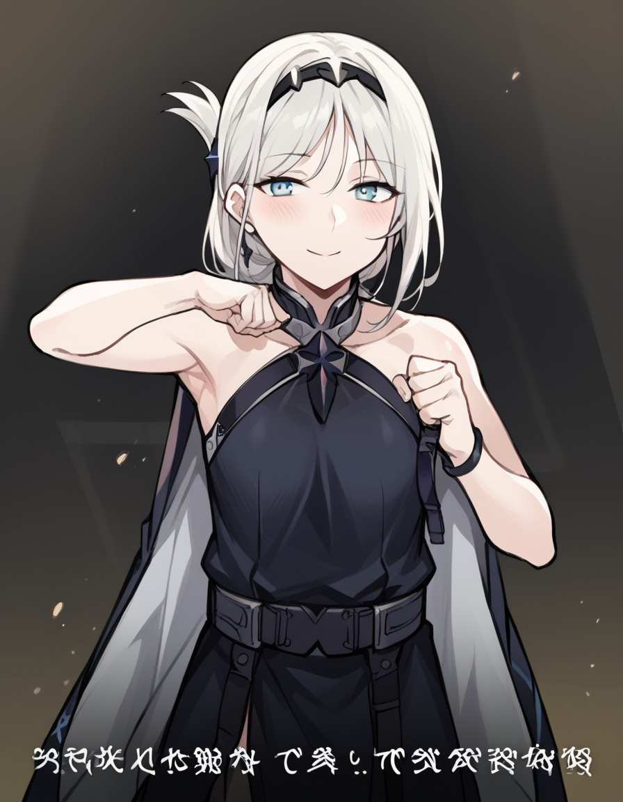 score_9, score_8_up, score_7_up, source_anime, <lora:girlsfrontline-an-94-ponyxl-lora-nochekaiser:1>, an-94, an-94 (girl's frontline), long hair, blue eyes, white hair,, bare shoulders, belt, black dress, black gloves, collarbone, dress, folded ponytail, gradient clothes, gradient dress, hairband, hair ornament, halterneck, halter dress, purple dress, sidelocks, single glove, mature female, small breasts, wristband,, armory, weapons, armor, storage racks, military, , <lora:shikairo-days-dance-ponyxl-lora-nochekaiser:1>, shikairo days dance, shikairo days dance (meme), dancing, meme, closed eyes, clenched hands, glowsticks, blush, smile,, looking at viewer, solo,, dutch angle, cowboy shot