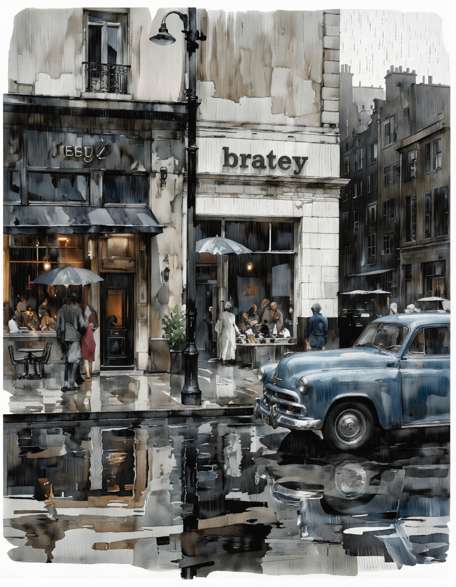 Inkquaria. A digital illustration shoot from the side about a rainy city street scene with a vintage car parked in front of a restaurant on a rainy day. the image also shows a cityscape with buildings, people, and an umbrella. on the right side of the image, a blue car is parked on the wet pavement. the building on the left side is a building with a sign that reads "bratey" and a few people are standing outside, some of them are holding umbrellas, while others are walking on the sidewalk. the scene is set in an urban setting, with a puddle of water reflecting the buildings and the sky. the background is a mix of black and white, with raindrops falling from the sky, adding to the moody atmosphere of the scene.
