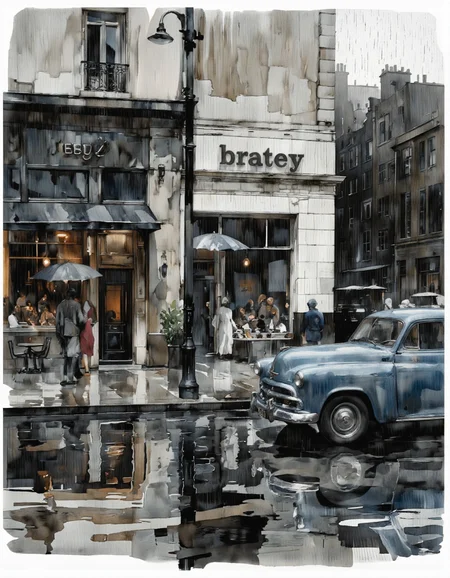 Inkquaria. A digital illustration shoot from the side about a rainy city street scene with a vintage car parked in front of a restaurant on a rainy day. the image also shows a cityscape with buildings, people, and an umbrella. on the right side of the image, a blue car is parked on the wet pavement. the building on the left side is a building with a sign that reads "bratey" and a few people are standing outside, some of them are holding umbrellas, while others are walking on the sidewalk. the scene is set in an urban setting, with a puddle of water reflecting the buildings and the sky. the background is a mix of black and white, with raindrops falling from the sky, adding to the moody atmosphere of the scene.
