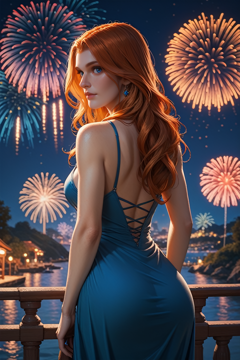 score_9, score_8_up, score_7_up,
<lora:Spider2MaryJ:1.0>
Spider2MaryJ, 1girl, orange hair, long hair, blue eyes, looking at viewer, from behind, cowboy shot, dress, looking back, fireworks, at night