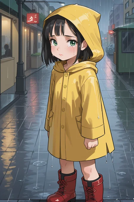<lora:Jabstyle_AMXLV1:1> jabstyle,
1girl, solo, young, female child, green eyes, black hair, short hair, bob haircut, side locks, looking at viewer, flat chest,
yellow raincoat, raining, dark, city street, low light, sad, tears, hood up, red rain boots,