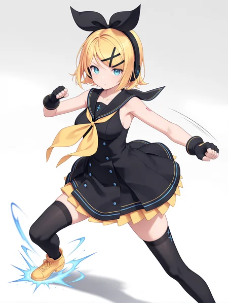 masterpiece,best quality,newest,
1girl,solo,
medium breasts,<lora:s_k_rim_ilxl_v1.0:1>,h_b,hair bow,h_p,headphones,rin,x hair ornament,swept bangs,blonde hair,blue eyes,short hair,r_clothes,sblack sailor collar,yellow neckerchief,sleeveless dress,black short dress,fingerless gloves,black_thighhighs,yellow shoes,
<lora:Fixhands_anime_bdsqlsz_V1:1>,looking at viewer,(motion_blur:1.3),(motion line:1.2),(speed_lines:1.1),fighting_stance,standing,aura effect,high_kick,white_background,simple_background,