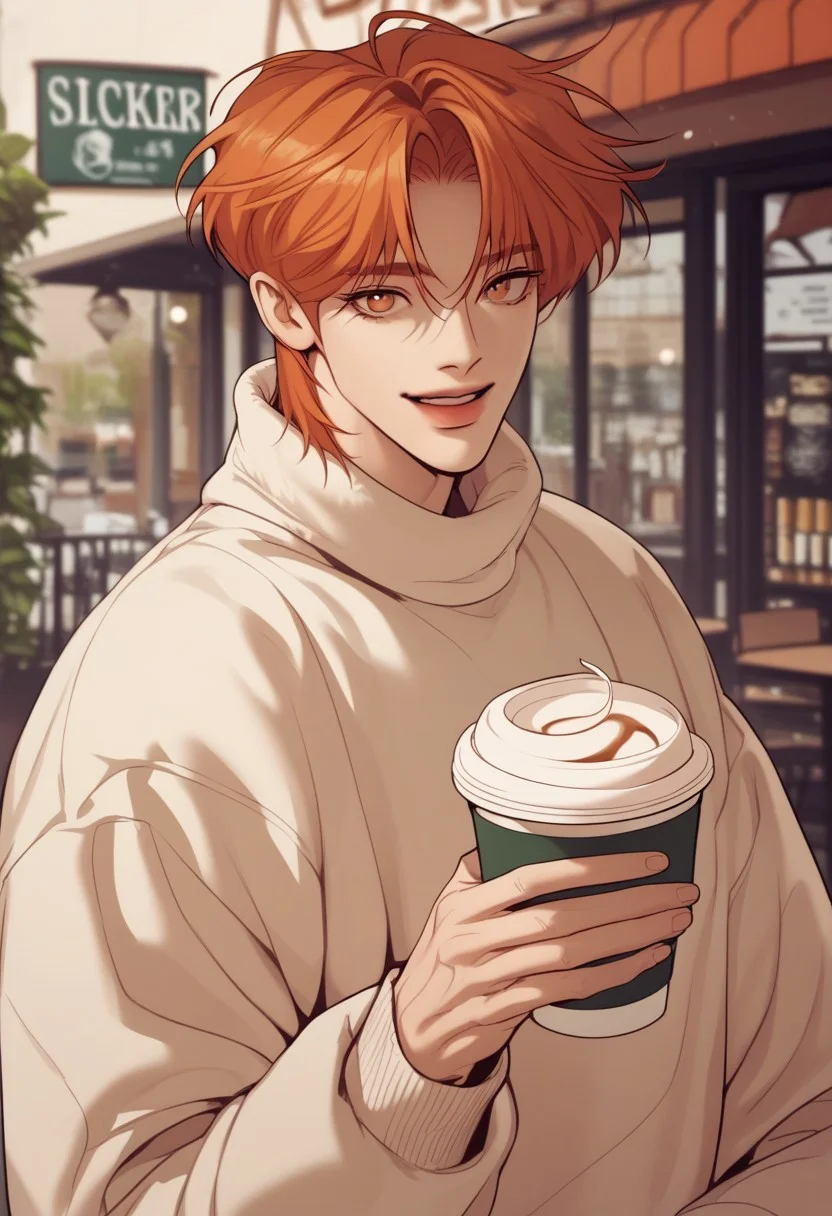 P_boy, score_9, score_8_up, score_7_up, hyper realistic skin texture, handsome, 1boy, solo, male focus, androgynous, slim, orange hair, slick back, coffee shop, plants, holding cup, winter, cozy warm clothes, red cheeks, looking at viewer, happy, cute