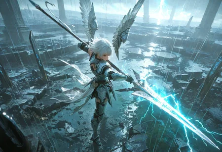destroyed battlefield background, swtailed background, dynamic angle, dynamic pose, great composition, high-quality, photorealistic mythic warrior scene, An armored valkyrie. Her short, platinum hair drips with rain, plastered to her stern face as lightning etches the horizon in dazzling forks. Silver wings at her back bristle with brilliant, reflective plumage, each feather rendered in hyperdetailed clarity. A massive spear etched with runes stands upright at her side, buzzing with latent thunderous energy. The cinematic scale of the swirling tempest around her instills a breathless sense of epic grandeur and raw elemental power