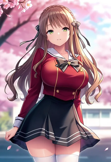 masterpiece, best quality, amazing quality,suzuna azuma, green eyes, brown hair, long hair, crown braid, hair ribbon, 1girl, solo,breasts, large breasts,school uniform, black bow, black skirt,white sailor color, red jacket, long sleeves, white thighhighs, parted lips, light smile, standing, looking at viewer, cowboy shot, blurry background, outdoors, school, cherry blossoms <lora:suzuna azumaV1:0.9>