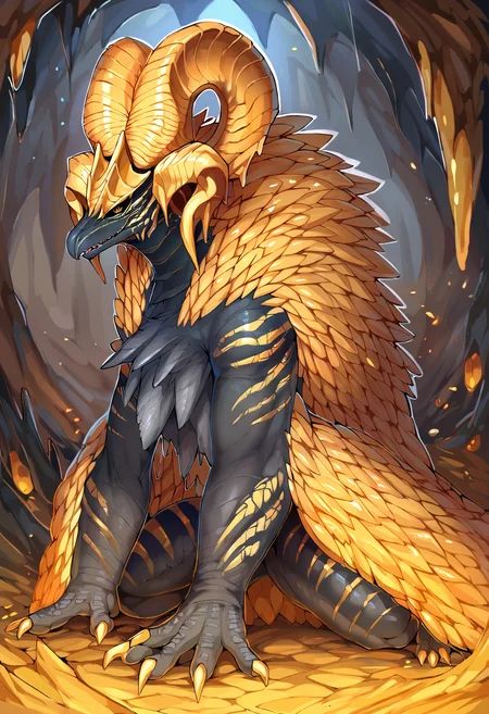 <lora:MH_KulveTaroth_a1_3_PonyXL_spnckpt1_th-1.4>,<lora:PDXL_artist_tags_v2_big>,score_9,score_8_up,score_7_up,kulve taroth,feral,by zackary911,by syuro,by hanuvo,solo,hi res,detailed background,cave,
looking at viewer,yellow eyes,black sclera,horizontal pupils,hands on ground,side view,gold cape,half-length portrait,