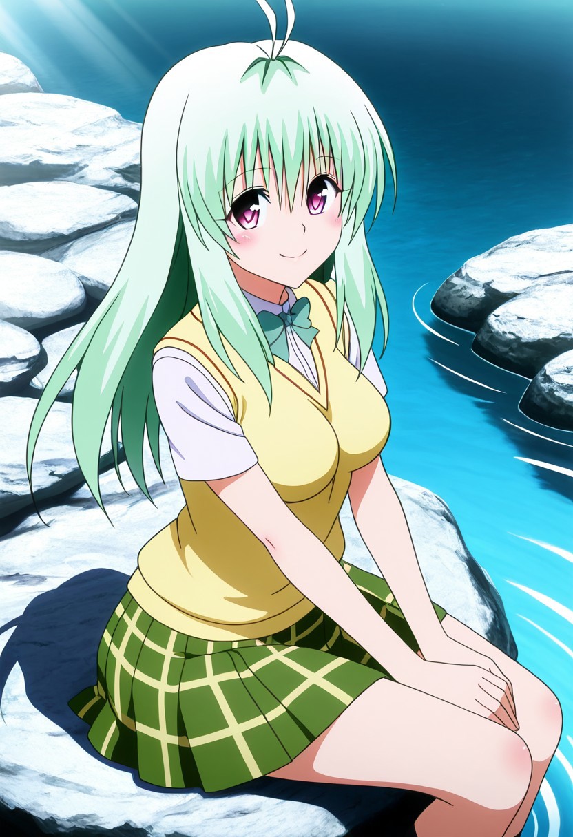 masterpiece, best quality, medium breasts, anime screenshot, to love-ru, to love-ru darkness, absurdres, highres, smile, solo,
run elsie jewelria, long hair, purple eyes, green hair, antenna hair, ahoge, hair between eyes, mature female, breasts, anime screencap,
green skirt, plaid, plaid skirt, sainan school uniform, school uniform, skirt, sweater vest, yellow sweater, short sleeves,
sitting on a rock, lakeside, gentle breeze, reflective water, warm sunlight, relaxed expression, looking at viewer, smile, side view, from above, Sitting on a smooth rock by the crystal-clear lake, she leans back on her hands, letting out a soft sigh of contentment. The afternoon sun glistens on the rippling water, creating shimmering reflections that dance across her clothes. hair sways in the light breeze.