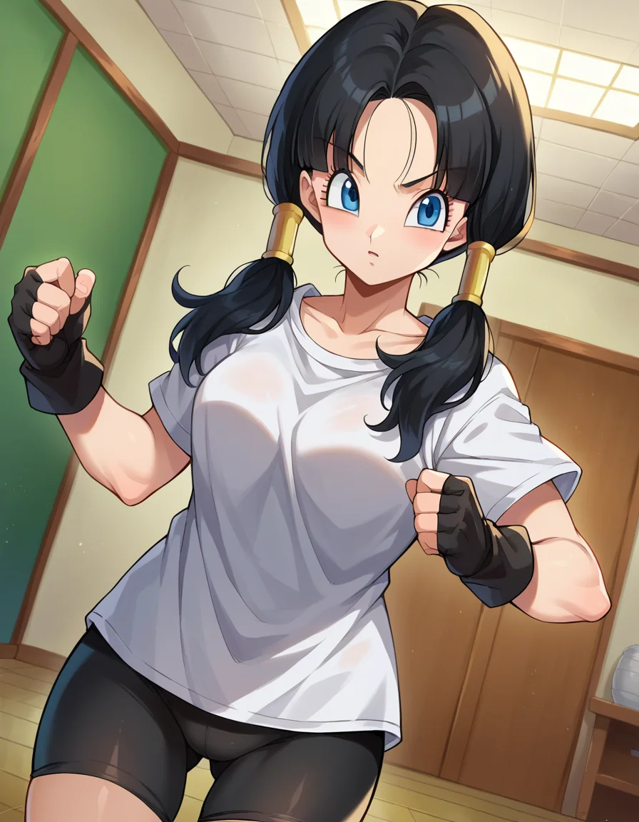 score_9, score_8_up, score_7_up, source_anime,
videl, <lora:dragonball-videl-ponyxl-lora-nochekaiser:1>,
videl, black hair, blue eyes, eyelashes, parted bangs, twintails,
bike shorts, black gloves, black legwear, collarbone, fingerless gloves, gloves, shirt, short sleeves, white shirt,
indoors, dojo,
looking at viewer, cowboy shot, dutch angle,