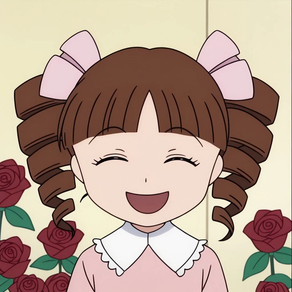 score_9, score_8_up, score_7_up BREAK HimekoJ, 1girl, brown hair, hair drills, blunt bangs, closed eyes, light pink ribbons, white-collared long-sleeved light pink dress, face view, face closeup, laughing, screenshot, official art, parody, anime footage, official design, screencap, anime screenshot, official screenshot, 2d, anime, source_anime, happy, cowboy shot, solo, solo focus, roses background, roses pattern,
