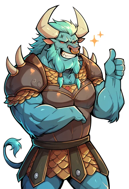 score_9, score_8_up, score_7_up, score_6_up, score_5_up, score_4_up, BREAK, 1boy, spiritbreakerpdxl, male, minotaur, beard, nose ring, red eyes, no pupils, shoulder armor, armor, solo, simple background, white outline, muscular, looking at viewer, closed mouth, grin, proud, thumbs up, flexing, standing, kilt, <lora:SpiritBreaker-000005:0.7>