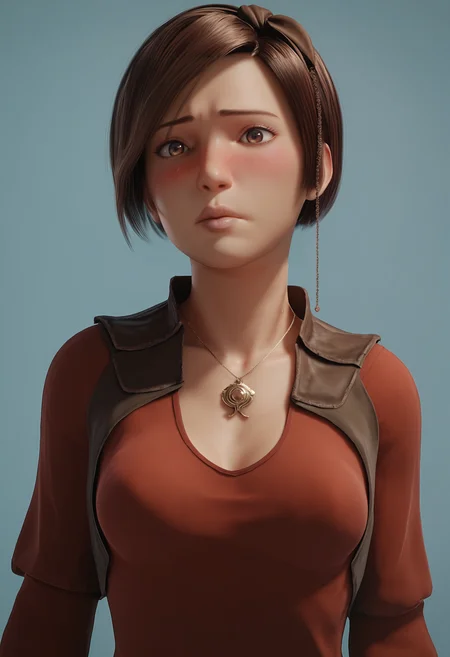 score_9, score_8_up, score_7_up, score_6_up, score_5_up, score_4_up, 1girl, <lora:LeahD3:0.85>, solo, breasts, brown hair, short hair, lips, brown eyes, shirt, red shirt, necklace, upper body, looking at viewer, blush, embarrassed,
(light blue background), simple background, 3d, render,