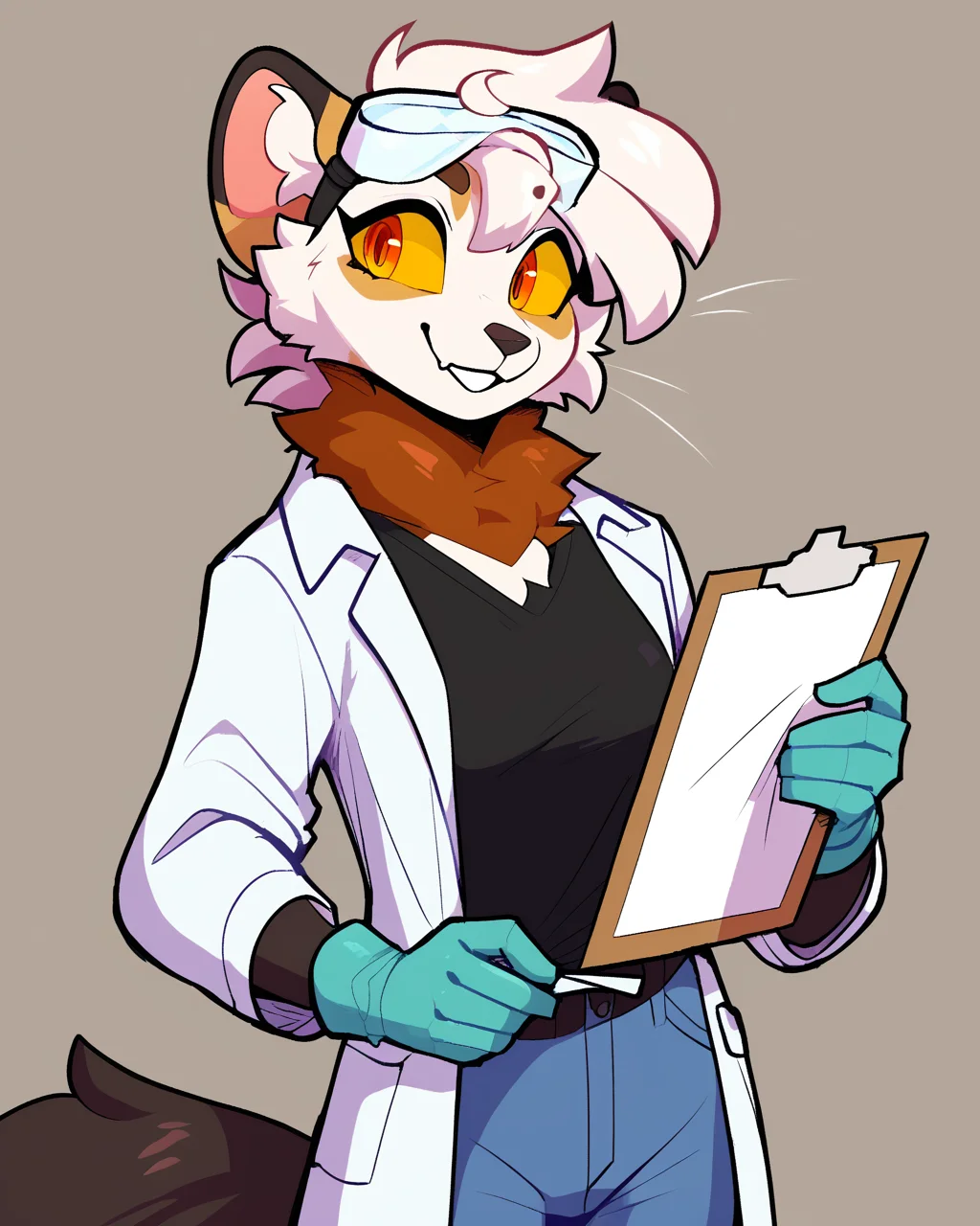 score_9_up, score_8_up, score_7_up, score_6_up, furry female, by remanedur, half-length portrait, female, furry, yellow eyes, neck fluff, yellow sclera, lab goggles, lab coat, white hair, tail, holding clipboard, medium breasts, looking at viewer, smile, short hair, black shirt, jeans, gloves, happy, smile, head tilt, standing, solo, three-quarter view, simple background,<lora:Leah_Pines(AIM)_XL_v1:0.15> <lora:PDXL_artist_tags_v2_big:0.5> <lora:The-Minuscule-Task_PDXL_v1.0:0.6>  <lora:Chise_sailorrooscout:0.7>