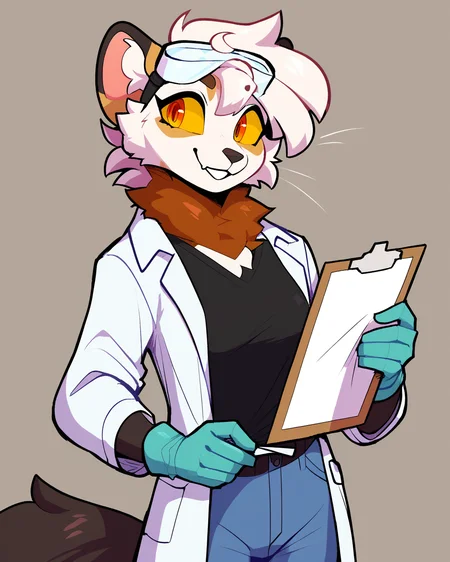 score_9_up, score_8_up, score_7_up, score_6_up, furry female, by remanedur, half-length portrait, female, furry, yellow eyes, neck fluff, yellow sclera, lab goggles, lab coat, white hair, tail, holding clipboard, medium breasts, looking at viewer, smile, short hair, black shirt, jeans, gloves, happy, smile, head tilt, standing, solo, three-quarter view, simple background,<lora:Leah_Pines(AIM)_XL_v1:0.15> <lora:PDXL_artist_tags_v2_big:0.5> <lora:The-Minuscule-Task_PDXL_v1.0:0.6> <lora:Chise_sailorrooscout:0.7>