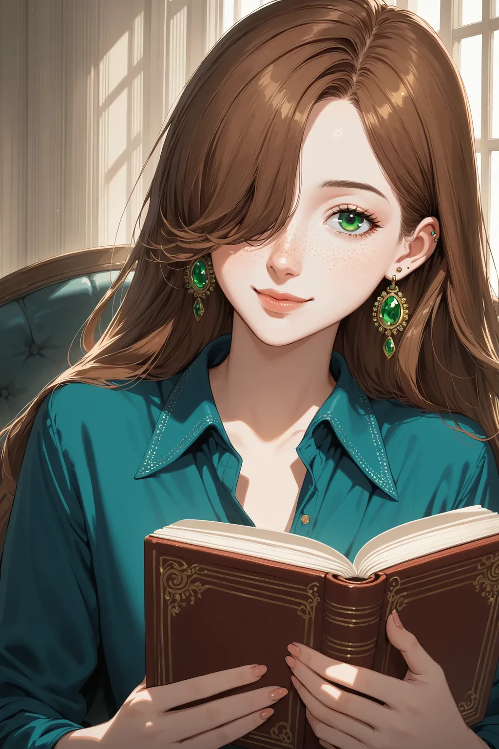 1girl, solo, book, brown hair, earrings, freckles, green eyes, hair over one eye, jewelry, light smile, lips, long hair, masterpiece, best quality