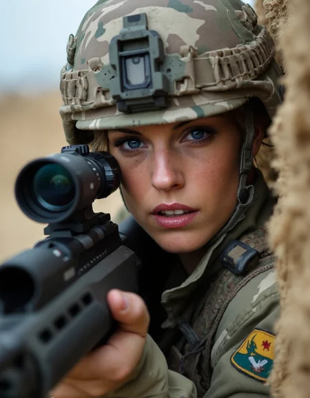 A female Marine sniper lies prone behind a sandbag bunker, her M40 rifle trained on an enemy position across no man's land. The camera is positioned from a high angle, capturing the intricate details of her uniform and equipment as well as the desolate landscape surrounding her. A subtle gradient effect enhances the contrast between light and dark, drawing attention to the subject's sharp features.