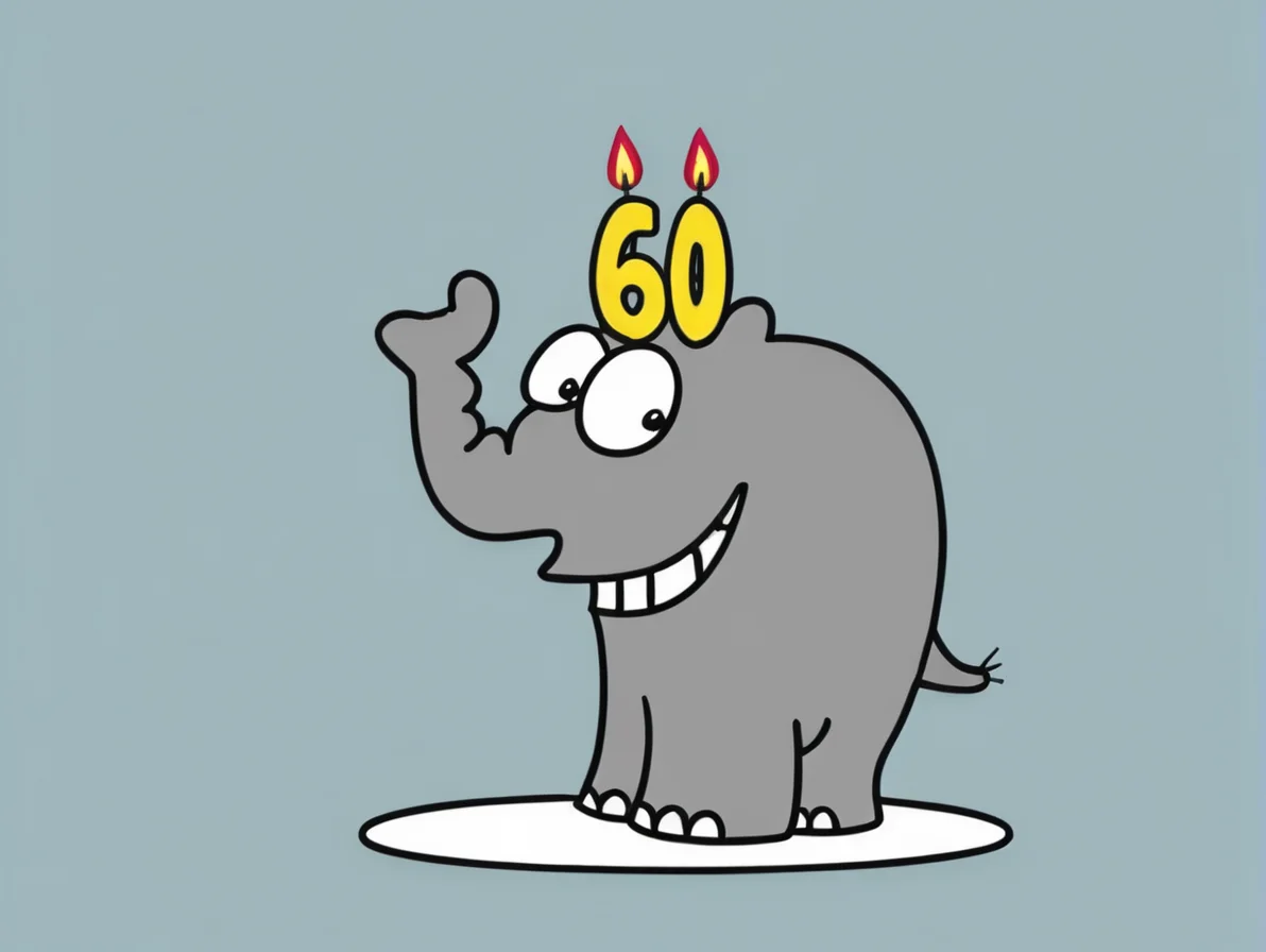 <lora:Ottifant_sdxl:0.6>  Ottifant smiling with a birthday cake, candles in shape of a 60