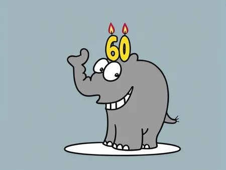 <lora:Ottifant_sdxl:0.6> Ottifant smiling with a birthday cake, candles in shape of a 60