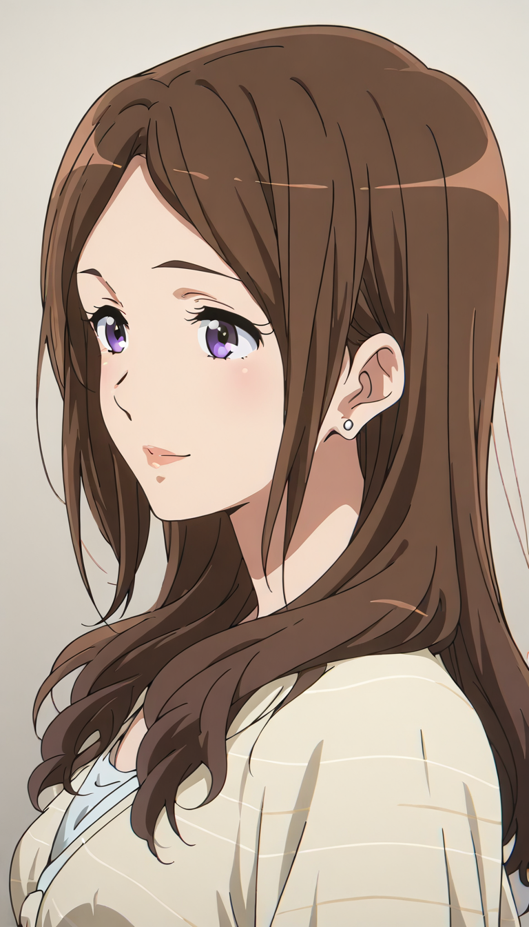 <lora:Satomi_Niiyama:1>,purple eyes,brown hair,long hair,earrings,