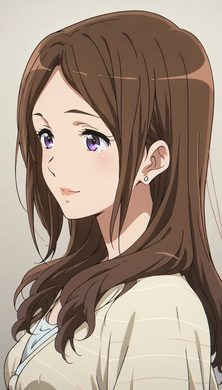 <lora:Satomi_Niiyama:1>,purple eyes,brown hair,long hair,earrings,