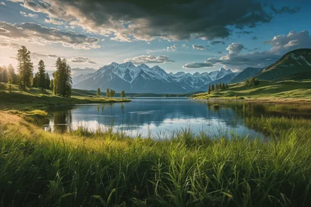 professional photo of a lake surrounded by mountains and grass with a cloudy sky above it and a few trees in the foreground, Arkhip Kuindzhi, award-winning photograph, a matte painting, naturalism, insane details, cinematic light, detailed, color grading, sunrise <lora:Instant_landscaper_XL:0.7>