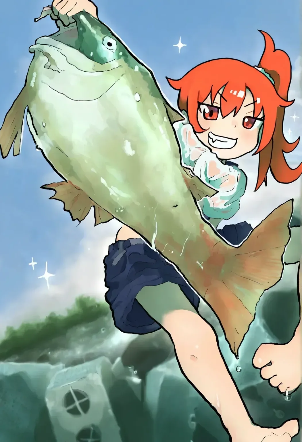 syakunetuu,1girl,holding fish, fish, grin, sparkle, side ponytail, navel, wet clothes, fang,outdoors,sky,solo, barefoot, <lora:syakunetuu-000030:1>