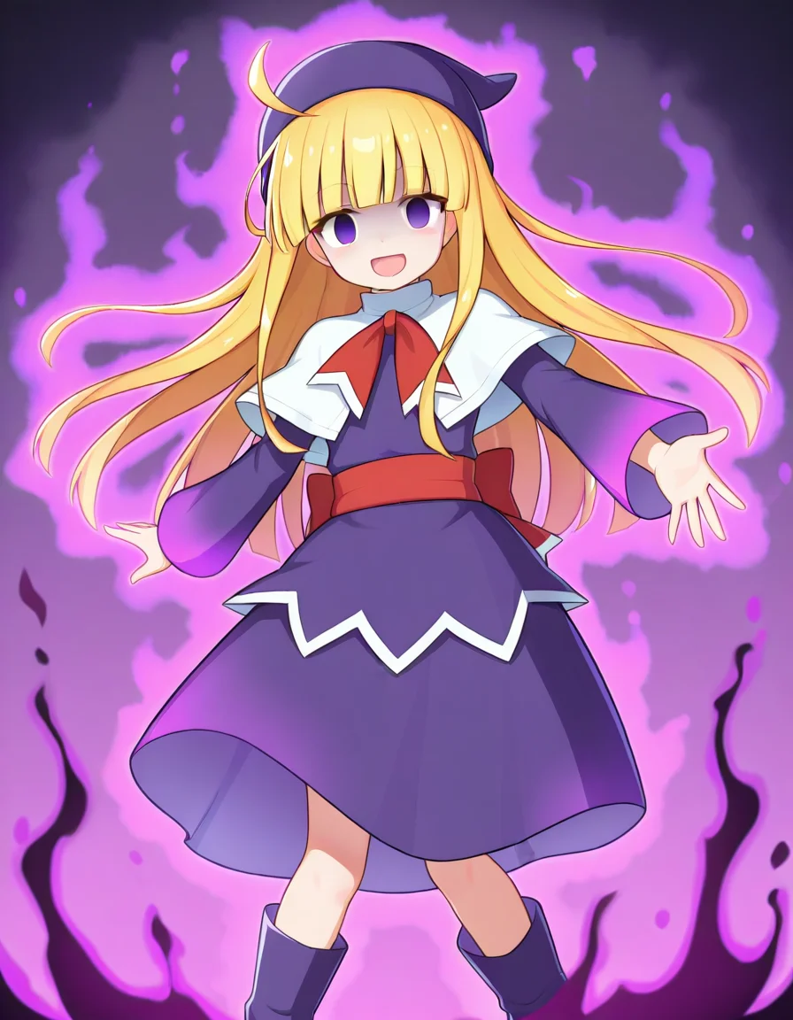 <lora:witchPF_SDXL_Illustrious01_fp16_ver01:1>,witchPF, 1girl,blonde hair,purple eyes,long hair,blunt bangs,ahoge,purple hat, purple dress,red sash, capelet,long sleeves,purple boots,empty eyes, smile,dark aura, open mouth,, masterpiece, best quality, very aesthetic, absurdres,<lora:detailed_hands:1>,hand